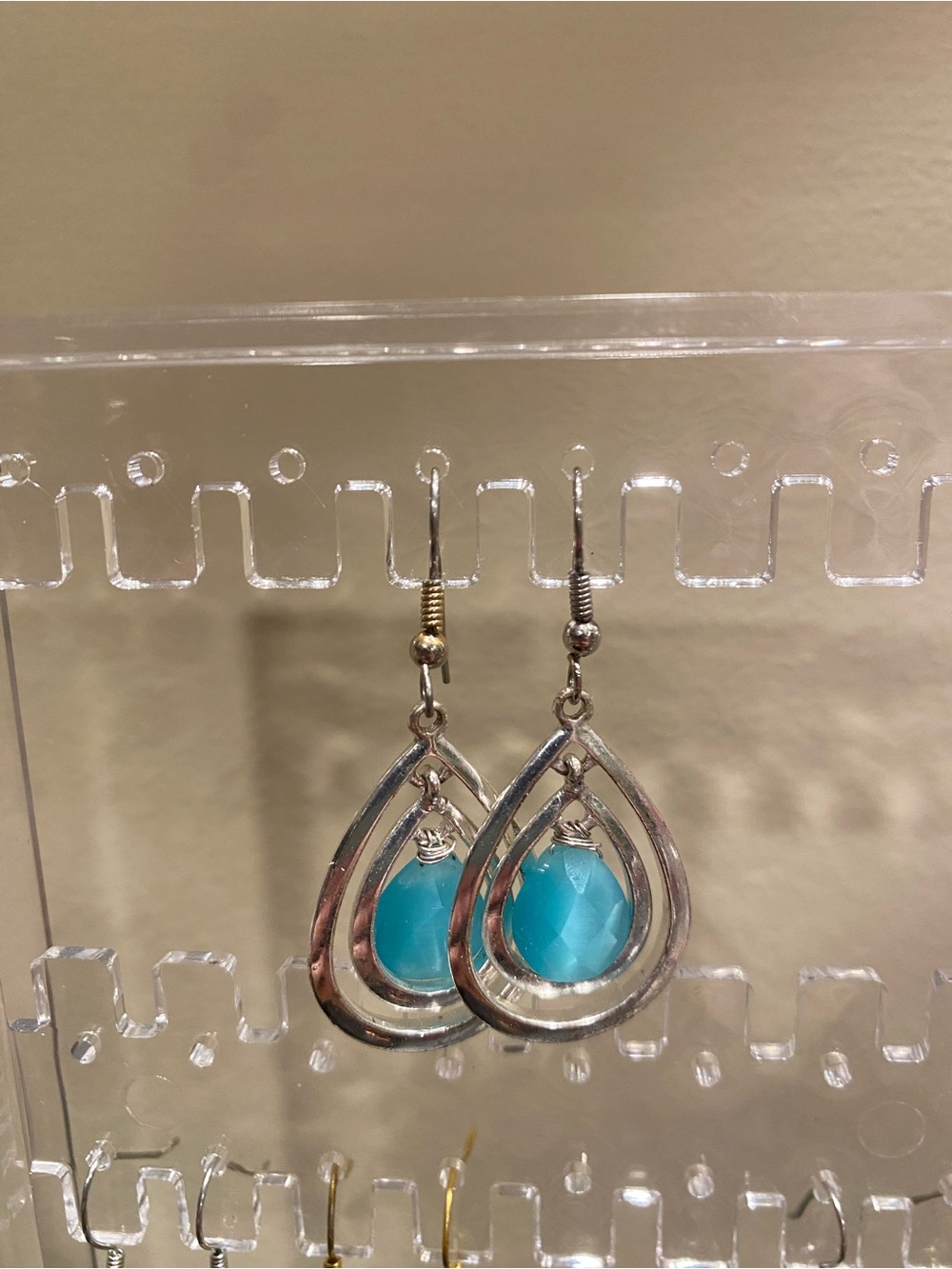 Silver Teardrop Earrings with Bright Turquoise Stones